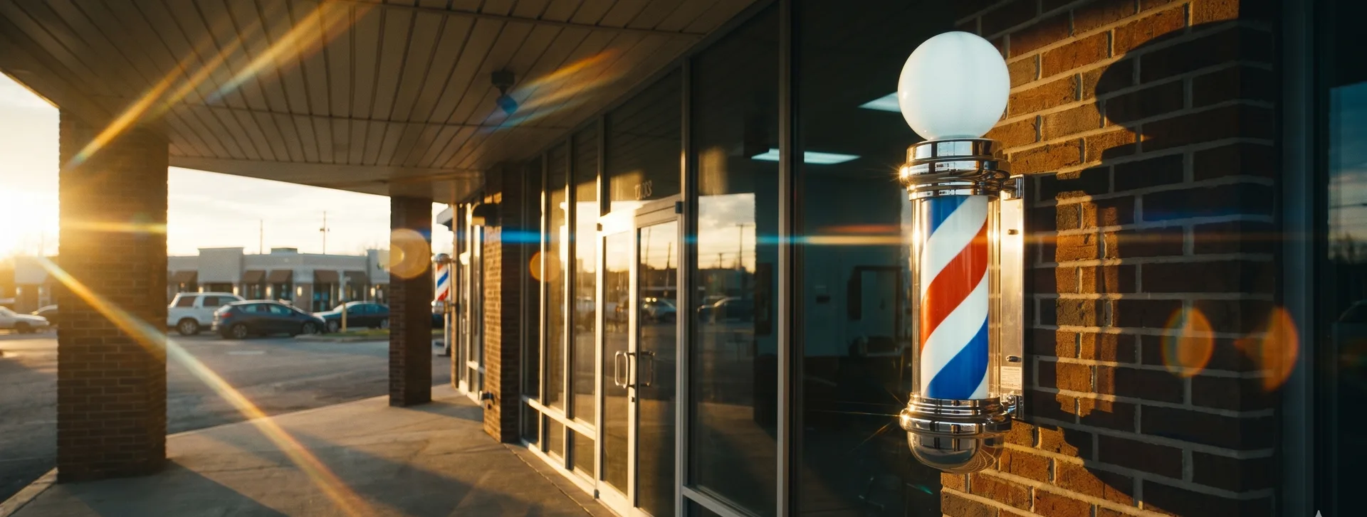 Barber pole at golden hour outside Siedel's Barbershop, Medina Ohio